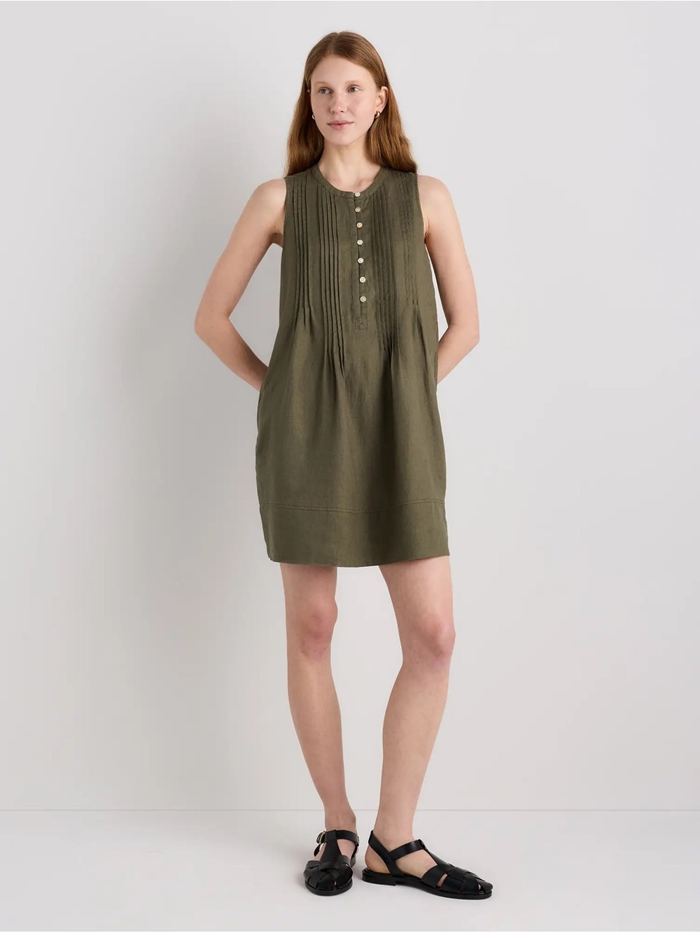 Quince European Linen Sleeveless Swing Dress Olive Green Button Pintuck Size M